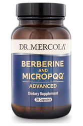 Dr. Mercola Berberine and MicroPQQ supplement bottle, 30 capsules, supports heart health and cognitive function.